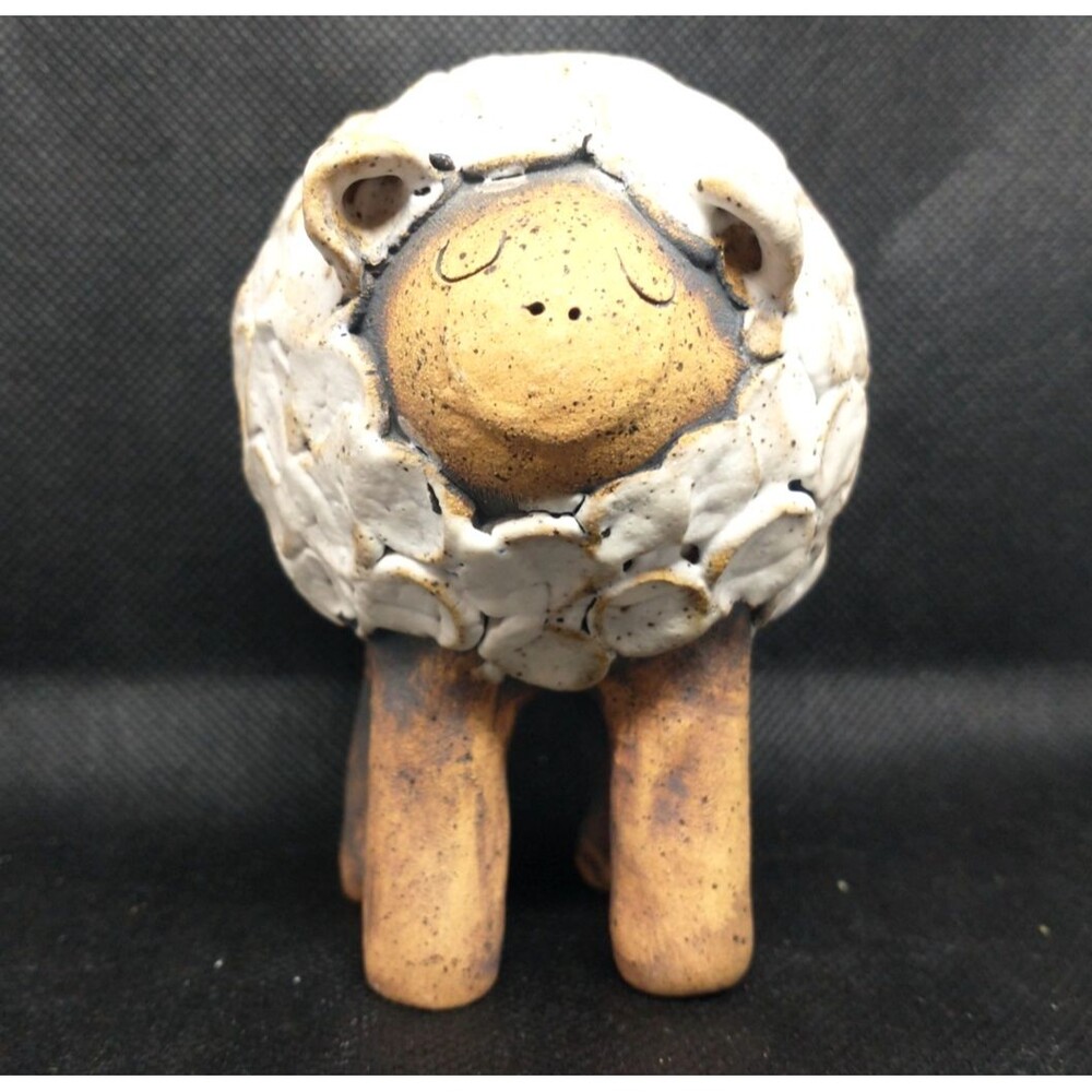 Art Pottery Ceramic Sheep Lamb Figure Vintage Tan White signed by artist - Read